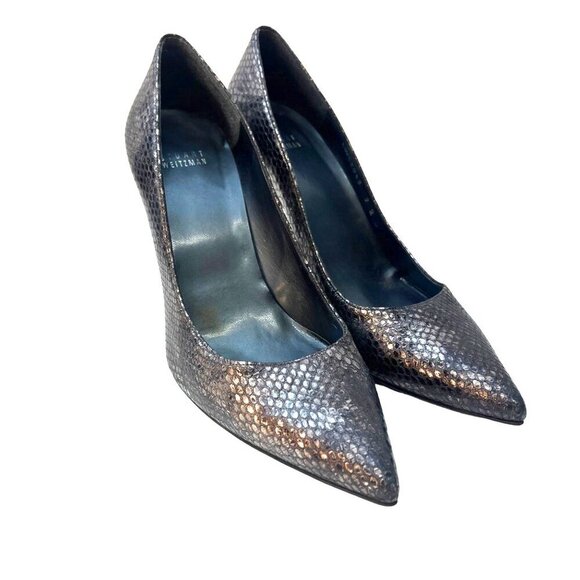Stuart Weitzman Silver Snake Leather Heels Ladies Size 9,2 M Point Toe High Heel - Picture 1 of 12